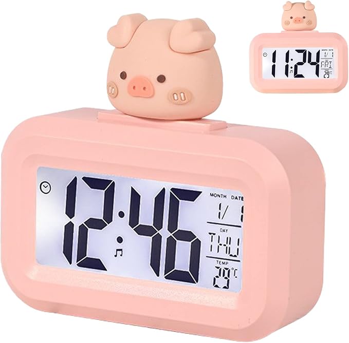 Cartoon Desktop Electronic LED Clock Cute Alarm Temperature (Pink Piggy)