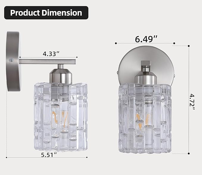 2-Pack Nickel Crystal Bathroom Vanity Lights, 1-Light Wall Sconce Fixture for Over Mirror, Modern Wall Mount for Bathroom, Bedroom, Hallway