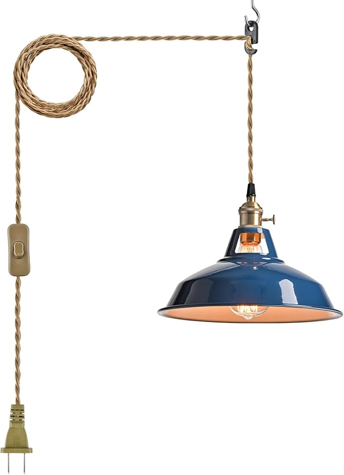 YUBOLE Farmhouse Plug-in Pendant Light-Dark Blue Barn Hanging Light | Adjutable Hanging Cord with On-Off Switch Swag Lamp Renter Fridenly for Kitchen Bar Cafe Bedroom Loft