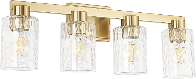 4-Light Bathroom Light Fixtures with Water Ripple Glass, Gold | Vanity Lights, Modern Wall Sconces, Over Mirror for Bathroom, Powder Room, Living Room