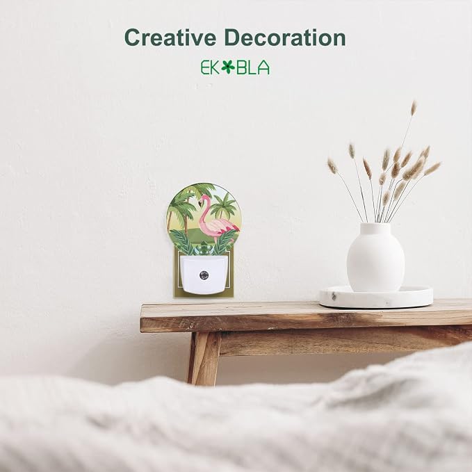 EKOBLA Tropical Flamingo Night Light, Palm Tree Jungle Plug-in Nightlight with Dusk to Dawn Light Sensors for Bedroom, Bathroom, Hallway, Kitchen, Gifts Ideal for Boys Girls Women Men