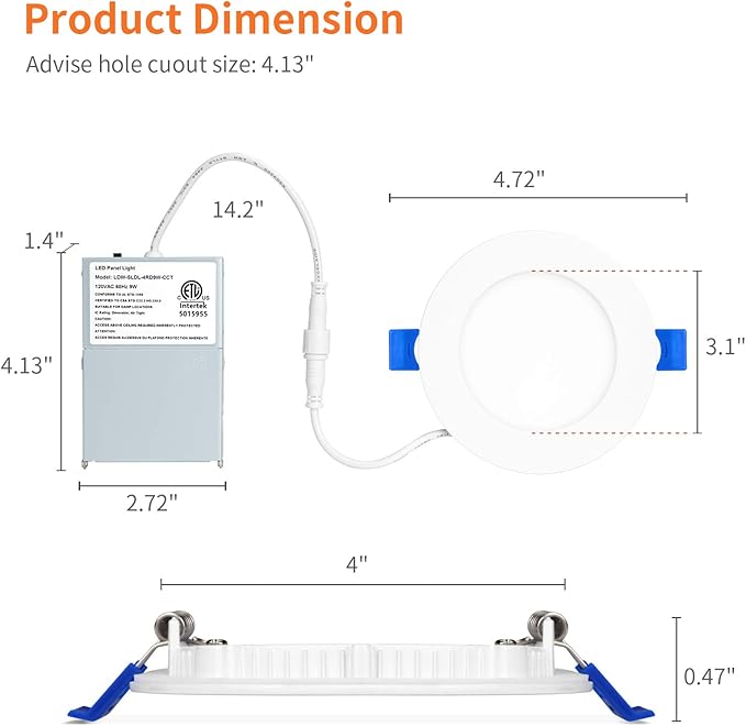 Meconard 6 Pack 4 Inch LED Recessed Ceiling Light with Junction Box, 2700K/3000K/3500K/4000K/5000K Selectable, 9W=75W 750LM, Dimmable Canless Downlights, ETL and Energy Star Listed