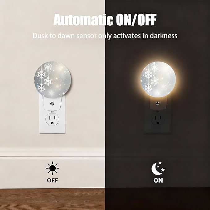 Mugod Winter Snowflake and Starry Scene Plug-in Nightlights Merry Christmas Night Light Plug into Wall with Dusk-to-Dawn Sensor LED Lighting 0.5W Sleep-Friendly