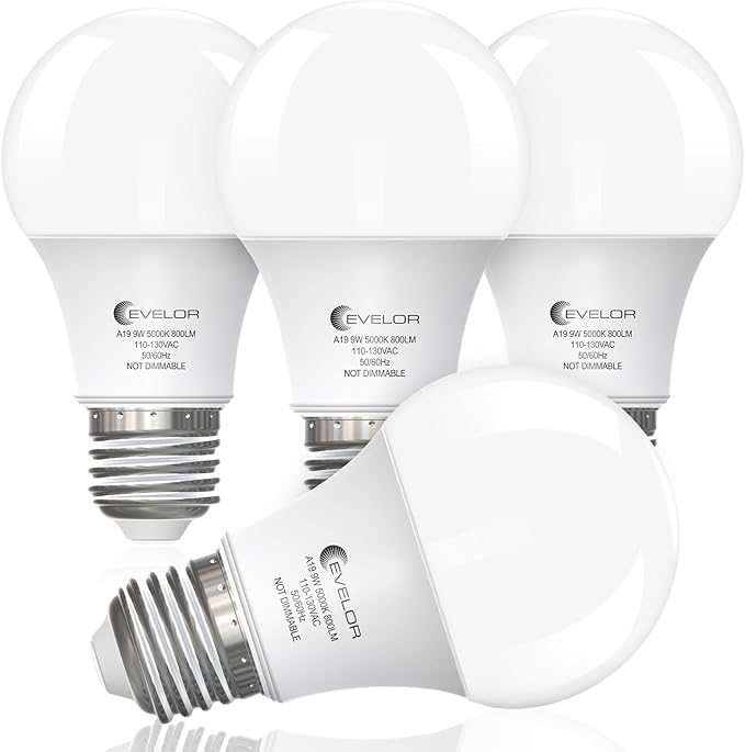 A19 LED Light Bulbs,60 Watt Equivalent Daylight 5000K with E26 Base,Efficient 9W,800 Lumens Non-Dimmable LED Bulbs,15000 Hours, Ideal for Bedroom Living Room, 4-Packs