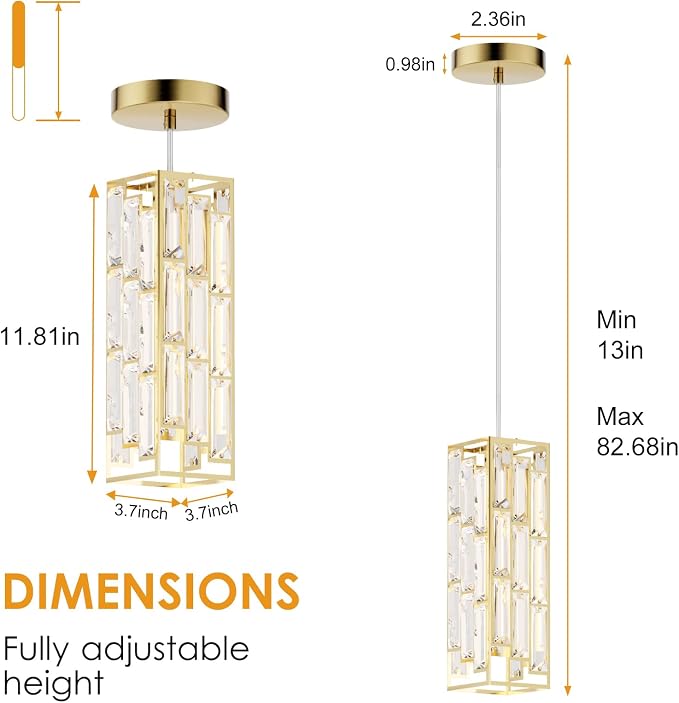 Modern 1-Light Crystal Pendant Light Kitchen Island, Brass, 3-Pack | Mini Crystal Chandeliers, Height Adjustable Cord, Ceiling Hanging Lighting for Kitchen Island Dining Room Bedroom