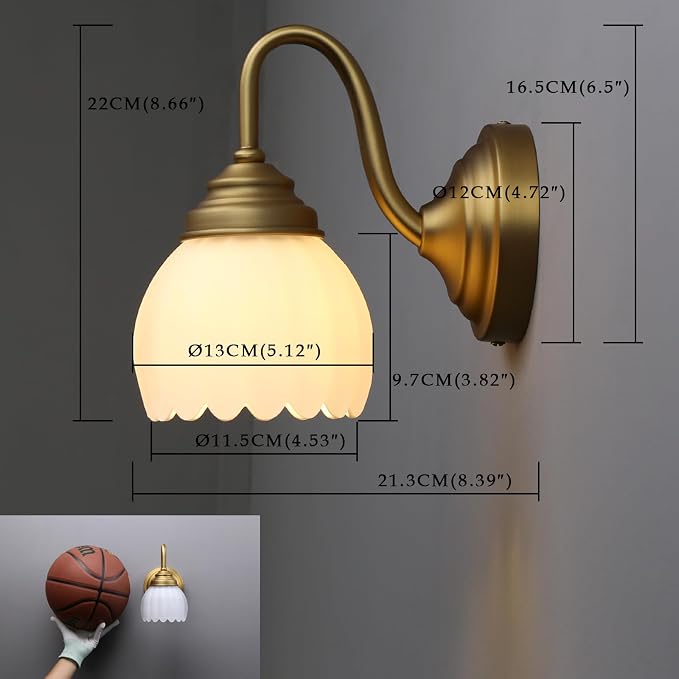 Phansthy Vintage Brass Boho Wall Sconces, Hardwired Wall Lights with Tulip Glass Lampshade, Brass Vanity Lamp Modern Wall Lighting Fixtures for Bedroom, Living Room, Hallway (Antique + White Shade)