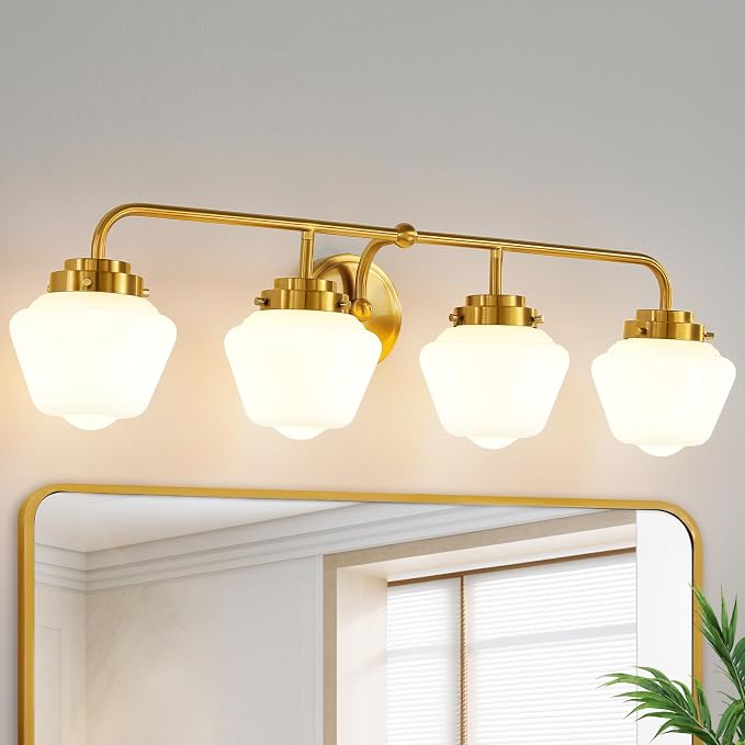 RUIYEY Bathroom Vanity Light Fixtures: 4 Lights Brushed Gold Vanity Lights for Bathroom, E26 60w Hardwired Wall Sconce Lighting with Frosted Milky Glass Over Mirror (Exclude Bulb)