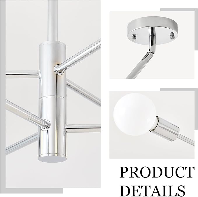 HHR 6-Light Sputnik Ceiling Light Fixture, Chrome Modern Chandelier, Mid Century Dining Room Light Fixture, Height Adjustable Chandeliers for Living Room Kitchen Island