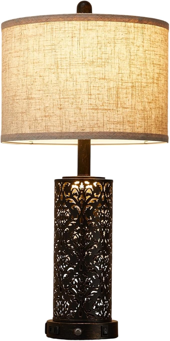 SAIWEYA 26" Set of 2 Farmhouse Table Lamp for Bedroom, Dimmable Touch | 3 Way Dimmable, 2 USB Ports + AC Outlet Bedside Lamp for Nightstand, LED Bulb Included, Fabric Shade, Flower Metal Body