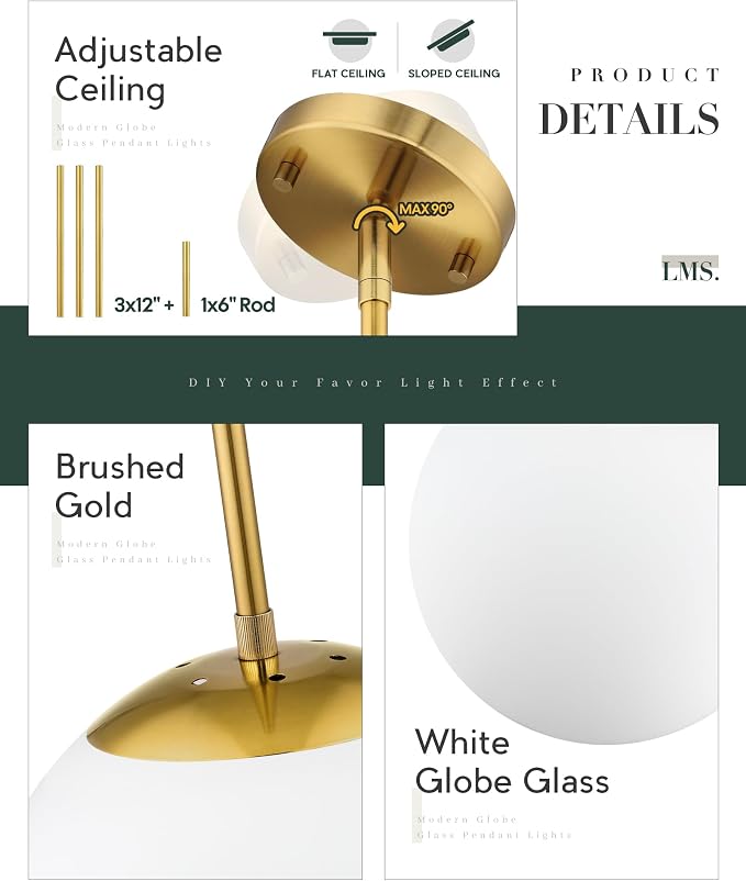 10 Inch Globe Pendant Lights, Brushed Gold Mid Century Kitchen Island Light Fixtures with White Globe Glass Shade, Adjustable Hanging Rod, Dining Room Kitchen, LMS-186PL-BGW-10