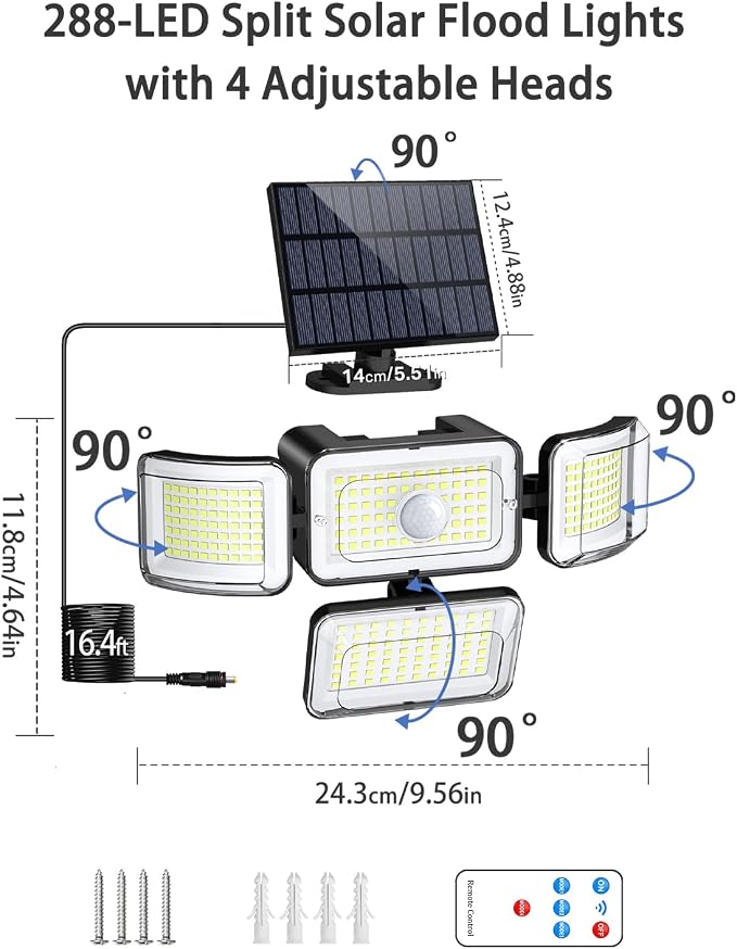 CLAONER Solar Outdoor Lights Motion Sensor 3500LM 288 LED Security Light with Remote Control IP67 Waterproof 4 Heads Flood Lights (6 Pack)
