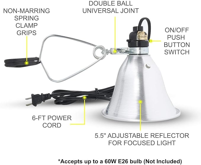 Simple Deluxe Clamp Lamp Light Socket with 5.5 Inch Aluminum Reflector, Suit for Max 60 Watt Lamp (No Bulb Included) with 18/2-Gauge 6 Feet Cord, 2-Pack New