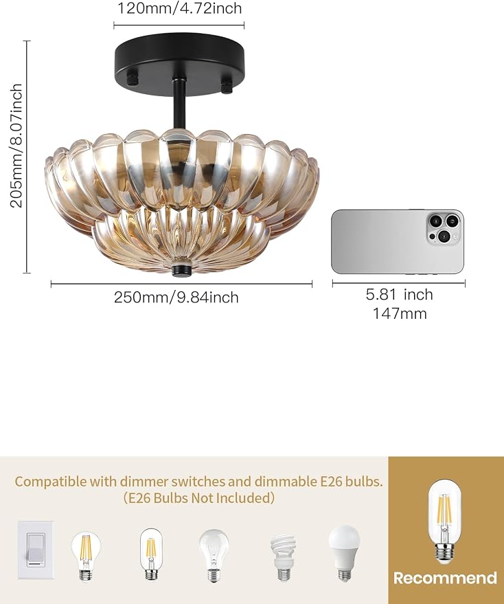 Semi Flush Mount Ceiling Light, Mini Vintage Black Close to Ceiling Light Fixture with Glass Shade, Modern Lighting for Bedroom Hallway Kitchen Laundry-Amber