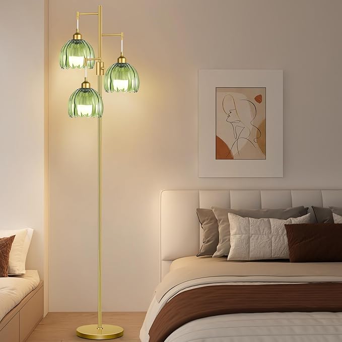 Gold Floor Lamps for Living Room Bedroom-3 Light Glass Floor Lamp with Three Led Bulb, Flower Tall Floor Lamp Dimmable Mid Century Modern Standing Lamp Vintage Tree Floor Lamps for Bedroom Corner