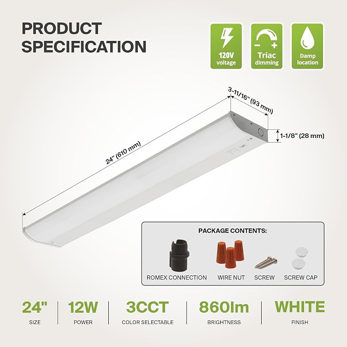 ASD 20 Pack LED Under Cabinet Lighting, 24 inch 12W 822 LM, Dimmable Hardwired Under Cabinet Lights for Kitchen, 3000K/4000K/5000K, Under Counter Light Fixtures, ETL, White, Bullnose Design