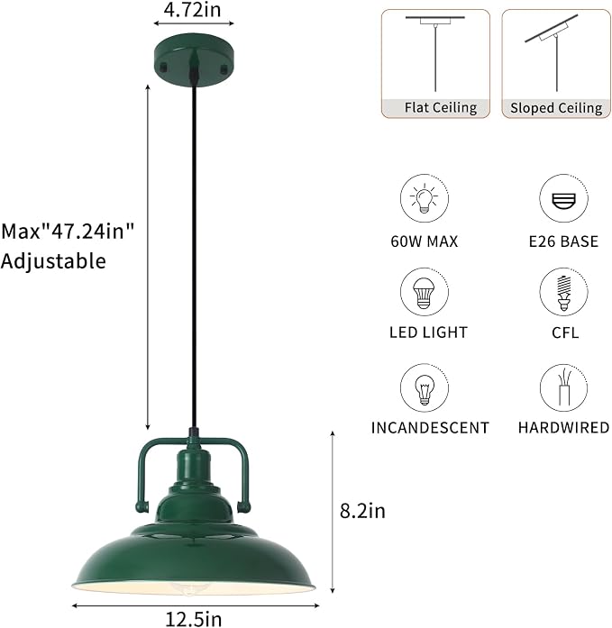 Farmhouse Pendant Light, 12.5inch, 3 Packs Green Kitchen Pendant Lights, Island Pendant Lights, Pendant Lights Kitchen Island, Pendant Light for Bedroom, Office, Kichen Sink, Library