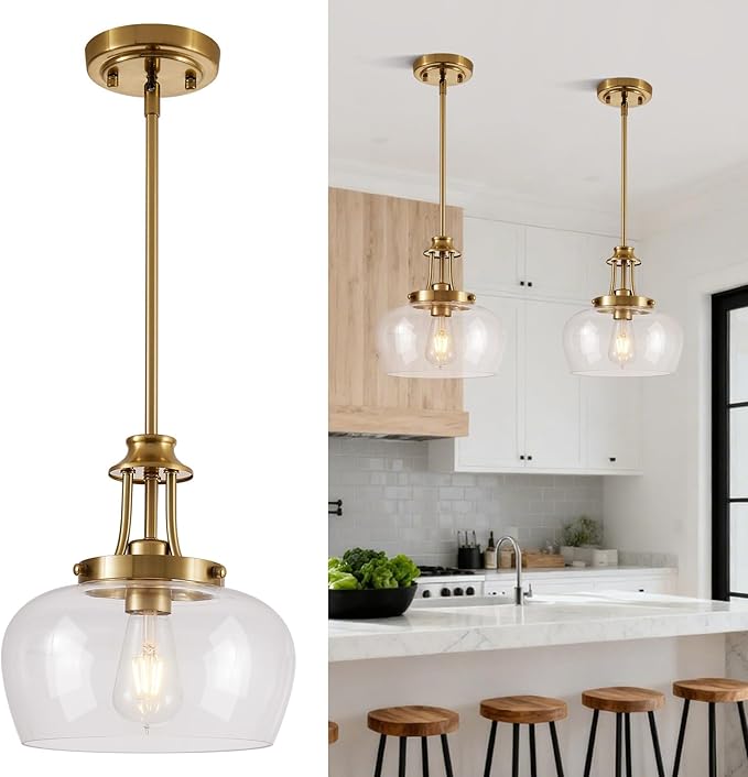 Modern Pendant Lights Kitchen Island, Brushed Gold Pendant Light Fixtures with 10" Clear Glass Shade, Industrial Hanging Pendant Lights Fixture for Kitchen Island Dining Room Bedroom Foyer Entryway
