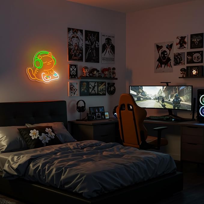 Cat Gaming Neon Sign for Wall Decor, Cute Gamer Cat LED Neon Light with Headphones & Game Controller, USB Powered Dimmable Gaming Room Neon Sign for Bedroom Desk Setup Man Cave Decor