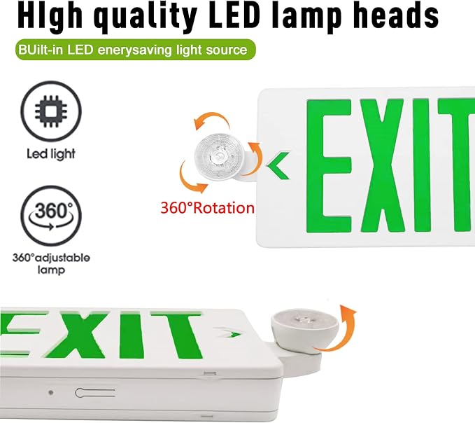 LED Exit Sign with Emergency Lights Dual LED Exit Light,Battery Backup | Two Bright LED Adjustable Heads Emergency Exit Lights, Hardwired Dual LED Combo Exit Lamp. ABS Fire Resistance UL Green