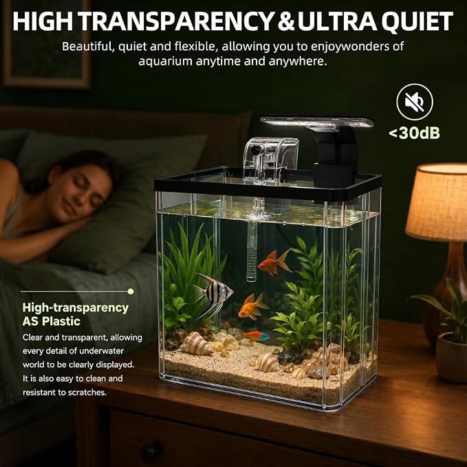 1.5 Gallon Aquarium Small Fish Tank Starter Kit with Filtration & LED Light & Fishing Net for Betta Shrimp Guppy Goldfish Aquatic Plants