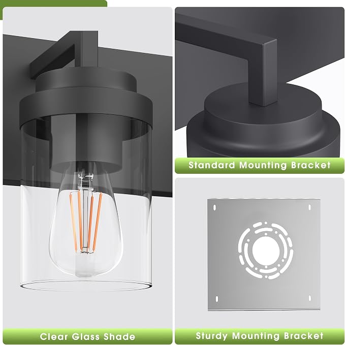 Matte Black Wall Lights, Set of 2 Wall Sconce with Clear Glass Shade, Farmhouse Sconce Lights, Wall Mount Lamp for Bedroom Mirror Living Room