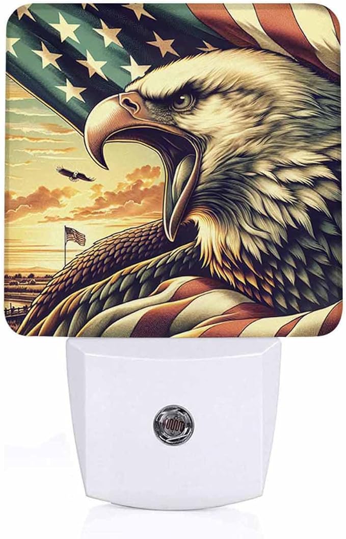 LED Night Light Lamp with Smart Sensor Dusk to Dawn Sensor,Patriotic Bald Eagle With Beak Open Backdrop Of American Flag On Pole Under Sunset Sky Night Light Daylight White,0.5W Plug-into Wall