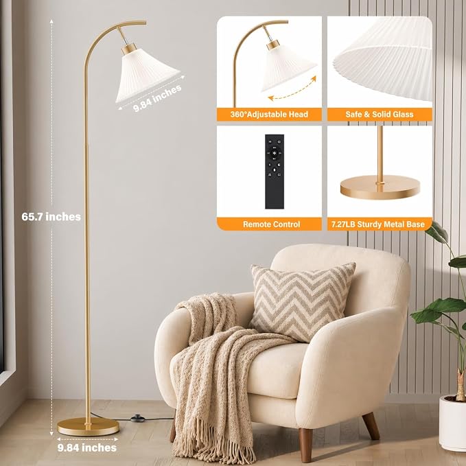 Gold Floor Lamp with Remote, Dimmable Glass Arc Standing Lamp, Ribbed Frosted Glass Shade, 3 Color Temperatures, Foot Switch, 9W LED Bulb for Living Room Bedroom Office
