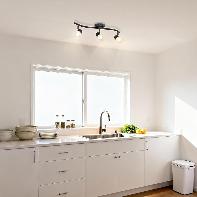 XiNBEi Lighting Black Track Lighting Kit with Glass for Kitchen, 3 Light | Curved Ceiling Spot Light, E26, S-Shaped Bar, Rotatable Head, Ceiling Light Fixture, For Kitchen Sink & Bathroom Hallway