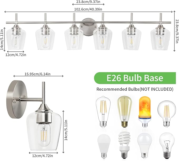 Bathroom Vanity Light Fixtures, Bathroom 6-Lights Over Mirror Modern Vanity Lighting with Clear Wine Glass Shade Wall Lamp for Bedroom Hallway Living Room (Nickel, 6-Light)