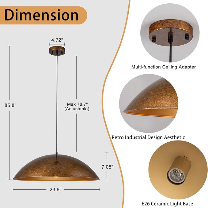 Vintage Antique Brass Dome Pendant Light, 23.6" Oversized Large Farmhouse Pendant Lights Kitchen Island,Hanging Ceiling Light With Curved Edge Metal Shade For Dining Room Over Table Bedroom Bar