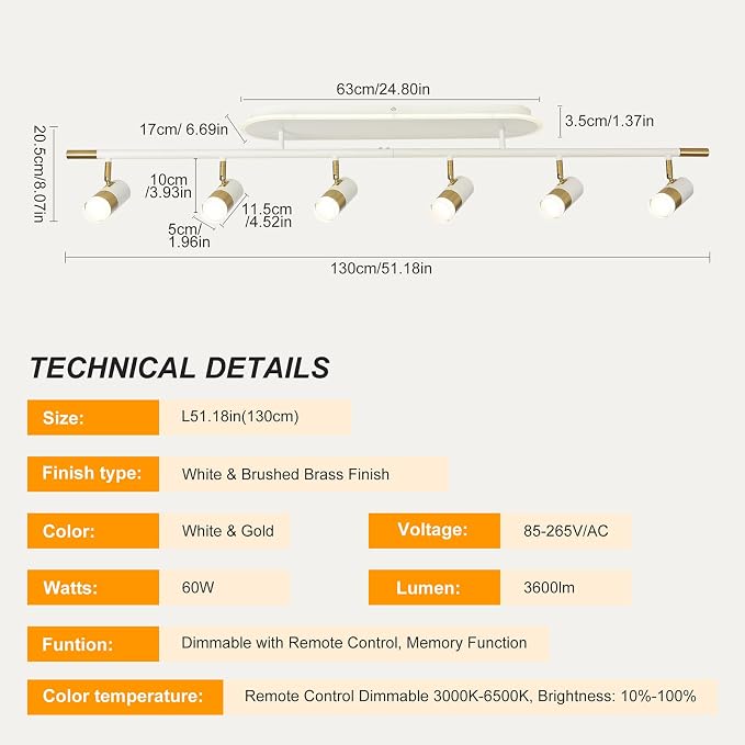 Jaycomey 6-Light LED Track Lighting Fixtures Ceiling, 60W Dimmable Track Light with Remote, 3000K-6500K Adjustable Ceiling Spotlights, 51in White Gold Ceiling Light Fixture for Kitchen Living Room