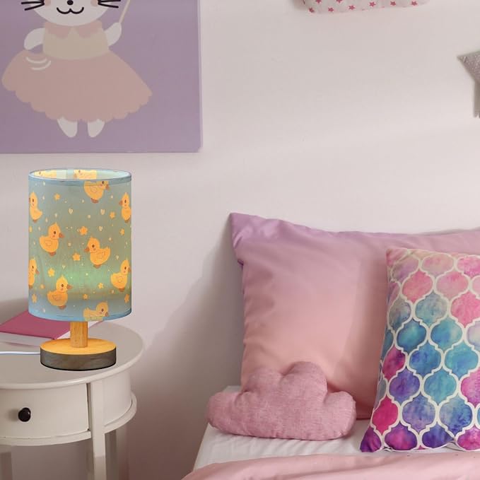 Hand Draw Yellow Duck and Hearts Stars Table Lamp for Bedroom USB Port Lamps Small Accent Table Lamp Nightstand Lamp Sturdy Linen Shade Wooden Base Decorative Lamps for Bedside Reading|Kids|Dorm|Home