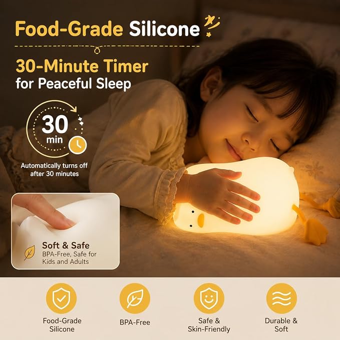 Cute Lying Flat Duck Night Light for Kids, Silicone Squishy Duck Lamp, 3-Level Dimmable Touch Control Bedside Night Light, USB Rechargeable Nursery Light for Baby Bedroom, Birthday Christmas Gift