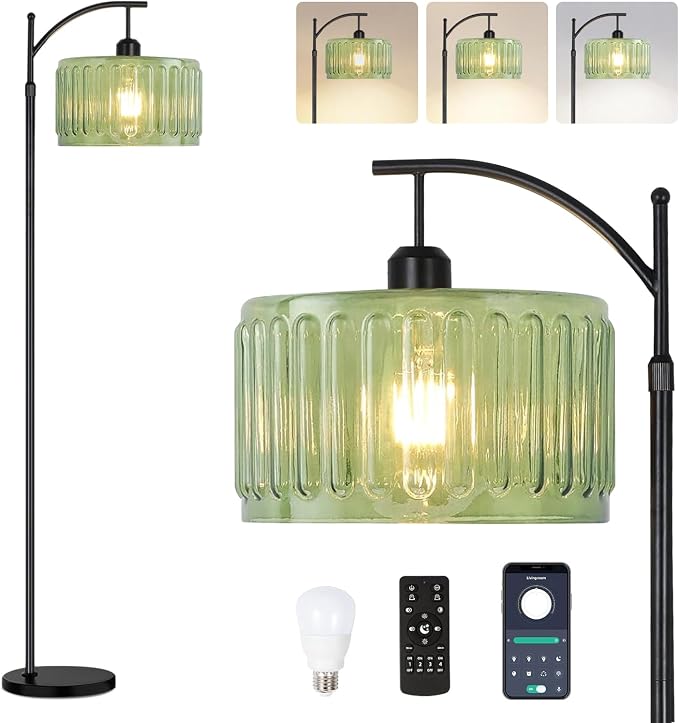 ILLMTW Black Floor Lamp for Living Room,Bedroom,Standing Lamp with Remote Dimmable Tall Lamp Vintage Retro Mid Century Modern Floor Lamps Arc Green Glass Lamp Floor Light Boho Bohemian