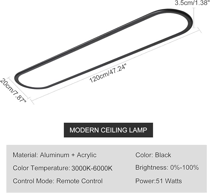 LED Flat Panel Long Ceiling Light Fixture for Shop Lighting, 47.24" High Brightness Linear LED Ceiling Lamp, 51W Dimmable Low Profile Flush Mount Ceiling Light for Laundry Kitchen Office, Black
