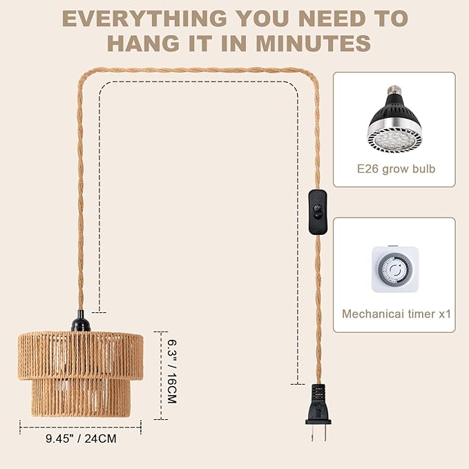 Hanging Grow Light, 30W LED Lamp with Timer for Indoor Plants | 4000K LED plant lamp with 15 ft cord, outlet timer, and boho paper rope shade for succulents, herbs, and low-light rooms.