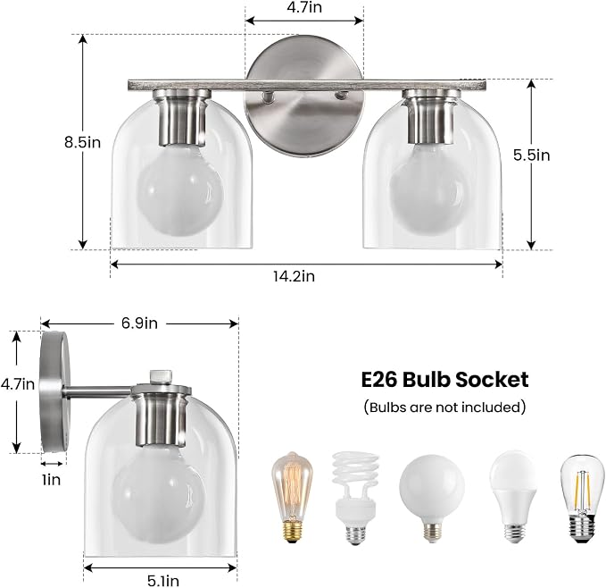 WOSHITU Modern Brushed Nickel 14.2 Inch Bathroom Vanity Light Fixtures: 2 Light Sconces with Clear Glass Shade for Above Mirror, Wall Mount
