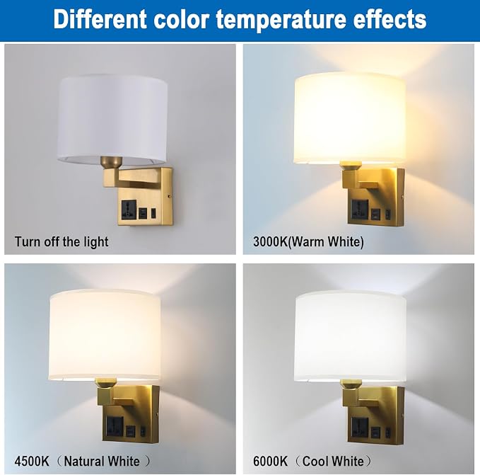Plug in Wall Light, Wall Lamp with Brass Base Cylindrical Shape | Wall Light for Living Room Bedroom Hotel, Bedside Lamp Bulb Included, Wall Mounted Lamp with AC Outlet & USBA+C Charging Port
