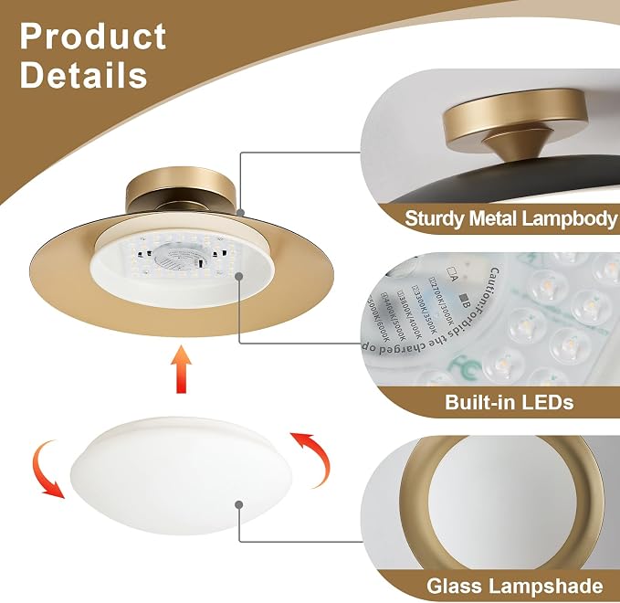 Dimmable Modern Mid-Century LED Ceiling Light, Black and Gold, 15.7 Inch | Semi Flush Mount Ceiling Light, 5CCT 2700K-6000K Lighting Fixtures with Glass Shade for Bedroom Kitchen Living Room