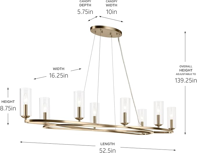 Kichler Harpin 8-Light Linear Chandelier, Sloped Ceiling Compatible, for Dining Room or Kitchen with Clear Glass in Champagne Bronze