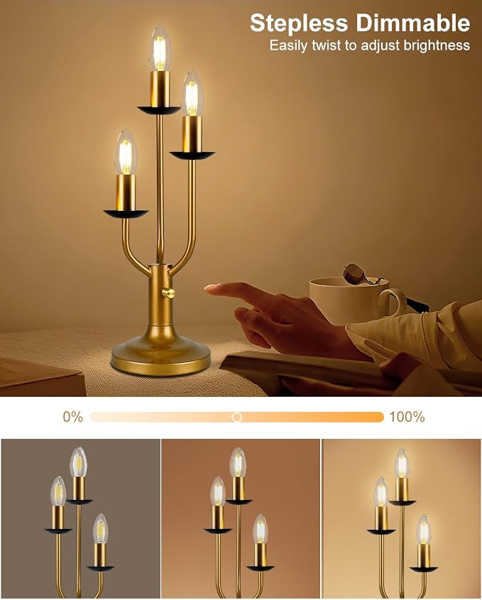 Vintage Candelabra Table Lamp Dimmable Gold Lamp E12 Bulbs Included | Accent Lamp Nightstand Desk Lamp Warmwhite Ambient Bedside Lamps for Living Room Bedroom Dining Party Home Office Decor Gift