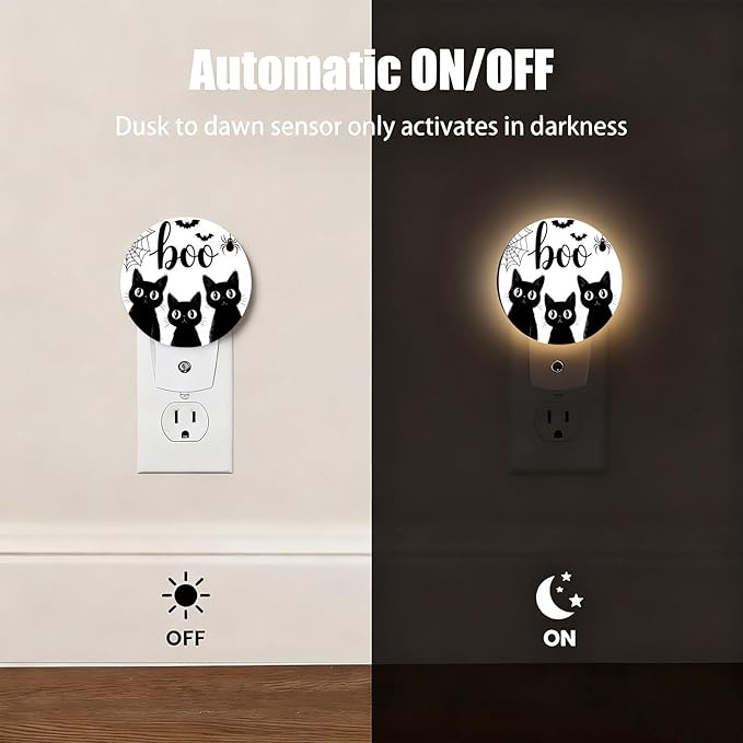 Mugod Black Cat Plug-in Nightlights Halloween Bats Spider Web Night Light Plug into Wall with Dusk-to-Dawn Sensor LED Lighting 0.5W Sleep-Friendly