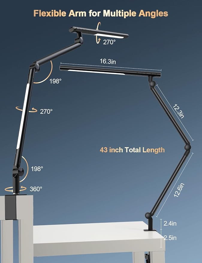 LED Desk Lamp with Clamp, Adjustable Swing Arm RGB Desk Light with Remote, Eye-Caring 4 Modes Stepless Dimming Lamp for Home Office Reading Study Gaming