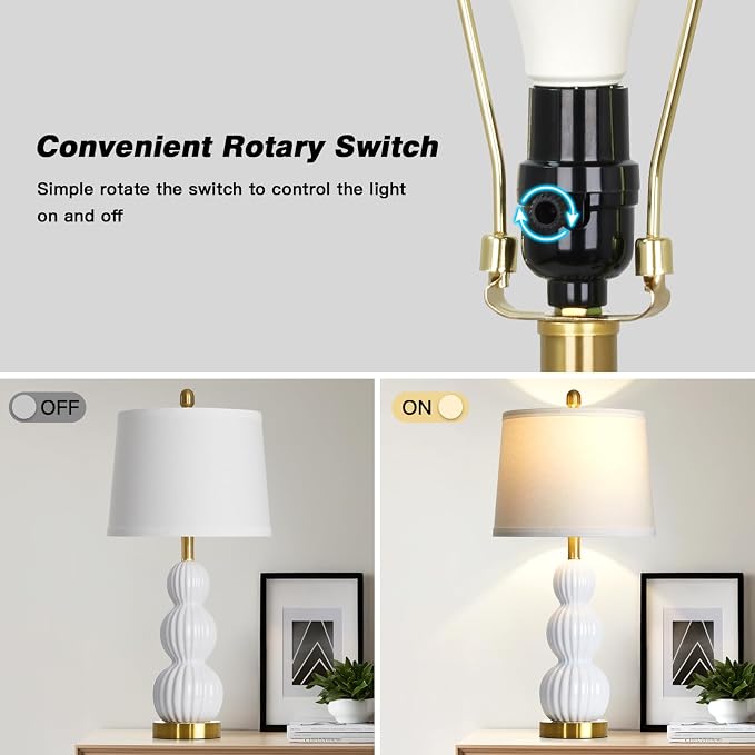 28" White Ceramic Table Lamps Set of 2, Modern Bedside Lamps for Night Stands, Triple Gourd Table Lamp for Living Room End Table or Bedroom Nightstand (2 LED Bulbs Included)