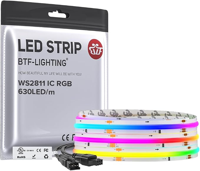 BTF-LIGHTING WS2811 Smart IC RGB FCOB COB LED Strip, UL Listed 630LEDs/m High Density Color Chasing Uniform Light, DC24V 9.8FT 10mm Width Tape Light for Home Party DIY Decor(No Adapter or Controller)