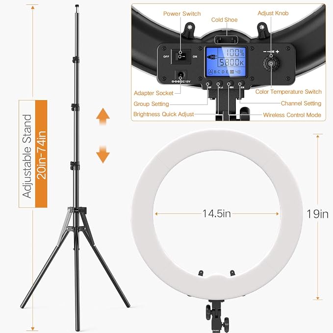 Pixel Ring Light, 19" Bi-Color LCD Display Ring Light with Stand, 55W 3000-5800K CRI≥97 Light Ring for Vlogging Selfie-Portrait Live Stream Video Photography Shooting