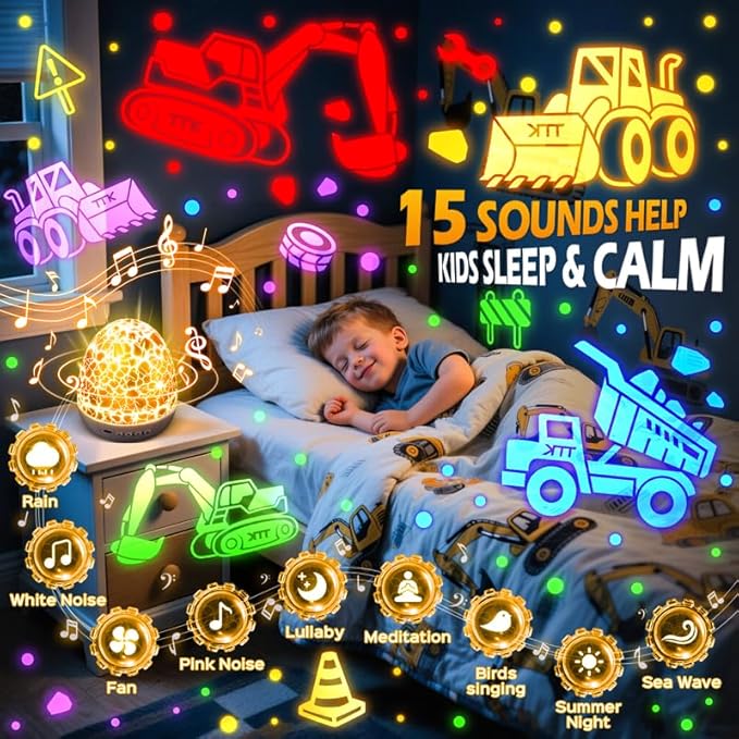 PIKOY Excavator Toys for Boys 3-5【15 Sounds & 6 Films】 Kids Construction Toys Truck Night Light [31 Colors & Remote Control] Dinosaur Egg Light for Nursery Toddler Boys Kids Gifts Easter Eggs Gifts