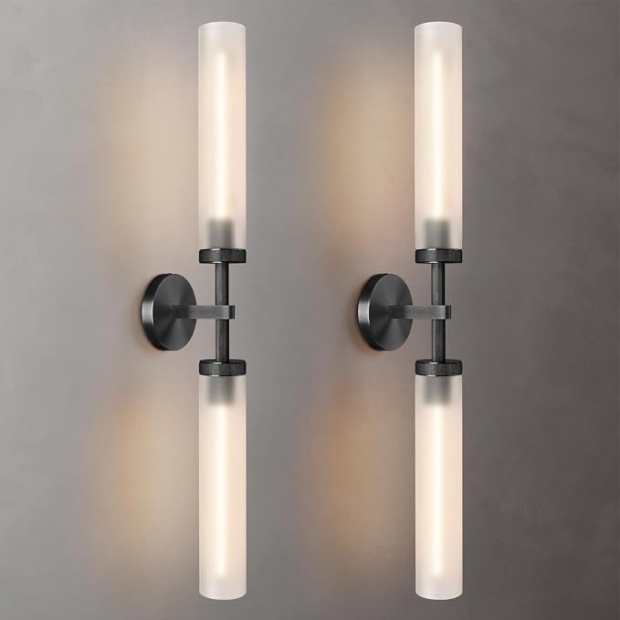 2Pc 30" Knurled Black 2 Light Wall Sconces, Long Modern Hardwired Bathroom Vanity Light, Frosted Glass Tube Linear Modern Wall Light Fixtures, for Mirror, Bedroom, Living Room, Hallway