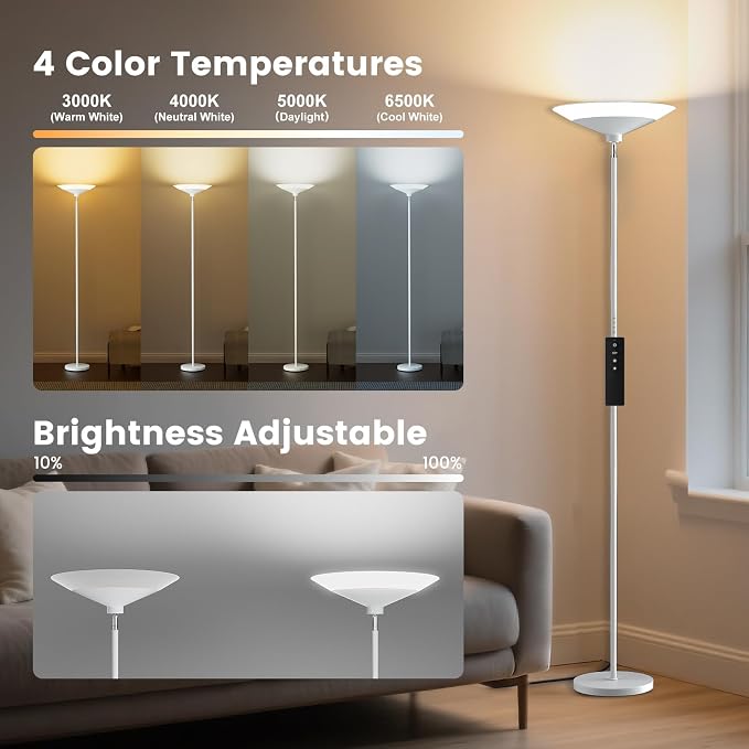 Silver Torchiere Floor Lamp - 30W Dimmable LED Standing Lamp with Remote/Button Control, 1800Lm, 3000-6500K, 72in Bright Standing Pole Light for Living Room Bedroom Office Corner
