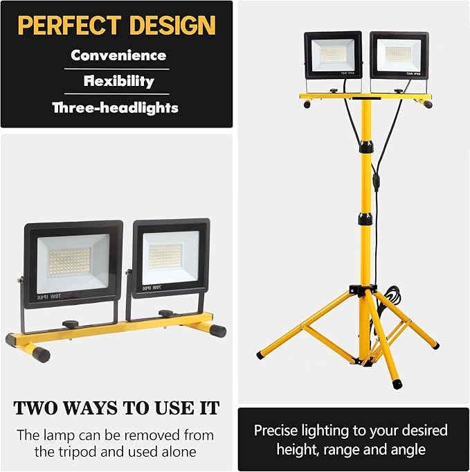 22000 Lumen Work Lights with Stand, 2 Adjustable Head LED Work Light, with Adjustable and Foldable Tripod Stand, Waterproof Lamp with Individual Switch with 6500 Kelvin Color Temperature